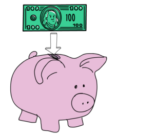 Green money bill with arrow pointing into pink piggy bank