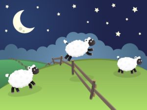 cartoon sheep jumping over fence in green pasture
