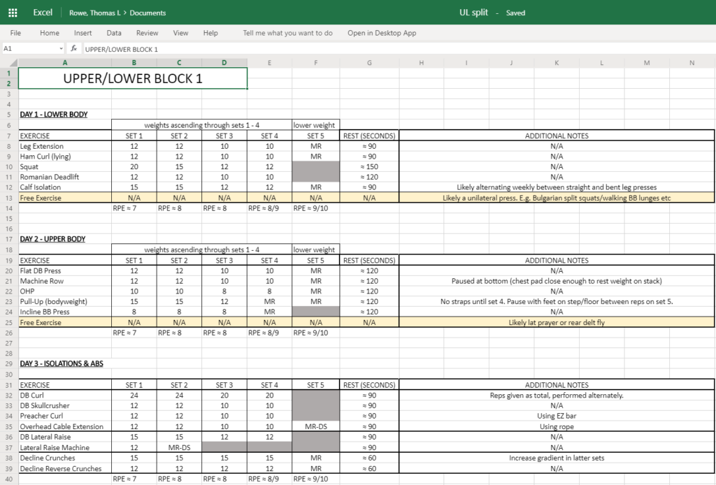 Image of an excel worksheet with exercises outlined for Day 1, lower body; Day 2, Upper body; and Day 3, Isolations and Abs.