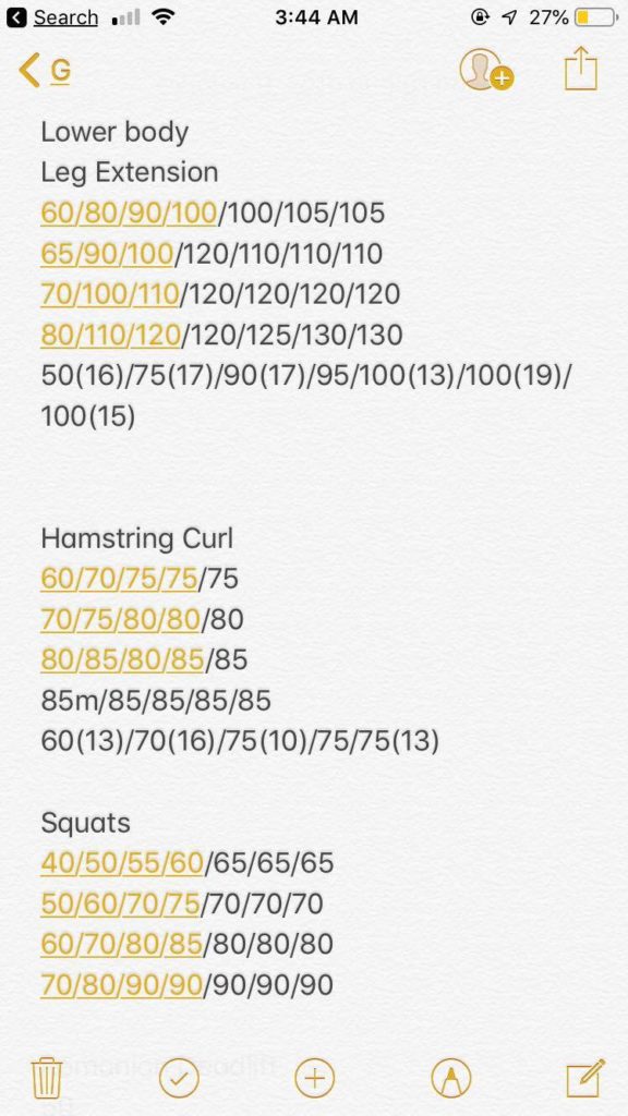 iPhone notes app with workouts and weights listed for lower body.