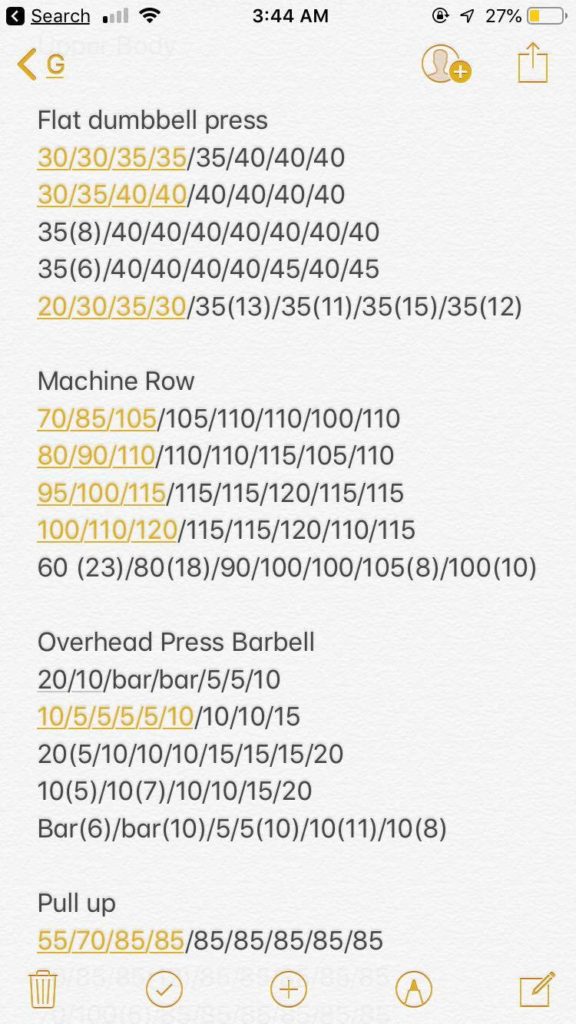 iPhone notes app with workouts and weights listed for flat dumbbell press. 