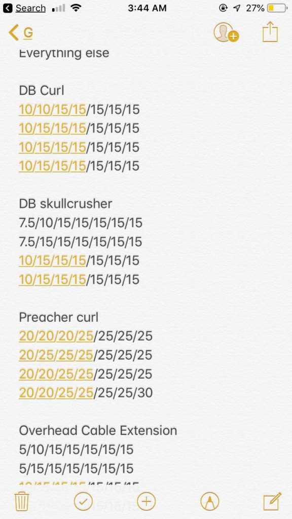 Image of iPhone notes app with workouts and weights listed for: DB curl, DB skullcrusher, Preacher curl, overhead cable extension.