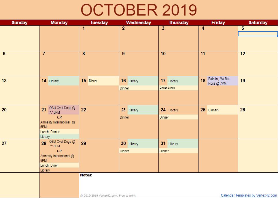 A calendar with the title of October 2019.