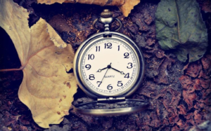 Old fashion stopwatch laying on leaf covered ground.