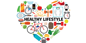 a heart made out of multiple images (clock, bike, veggies, exercise equipment) with the word "Healthy Lifestyle" in the center of the heart.