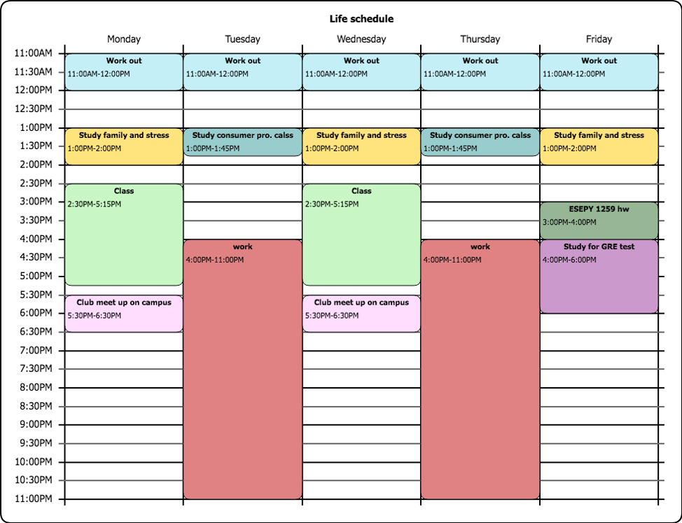 Image of a calendar with blocks scheduled for various tasks, including "work out" "class" "work" and "Club meet on campus". Title of schedule is: Life Schedule. 