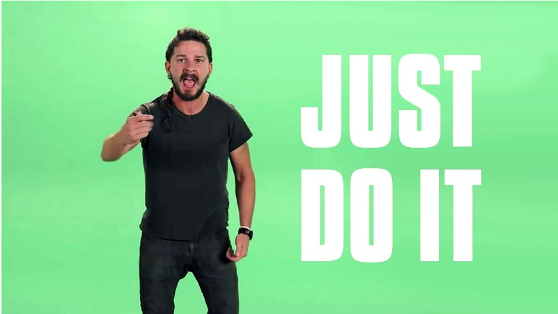 actor talking to camera, with large text on the side that says "Just Do It."