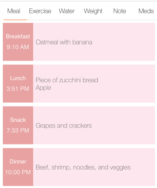 Image of a meal planning application that shows food listings for breakfast, lunch, snacks, and dinner.