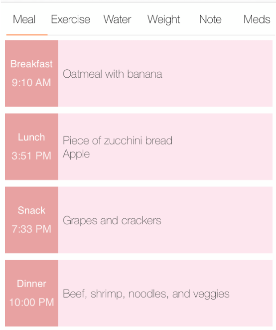 The meal planning application shows food listings for breakfast, lunch, snacks, and dinner.