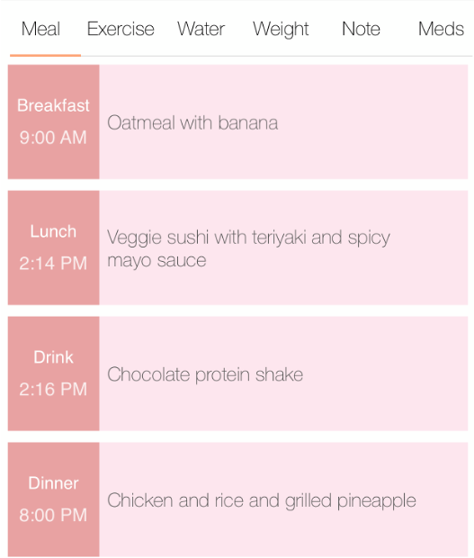 Image of a meal planning application that shows food listings for breakfast, lunch, snacks, and dinner.