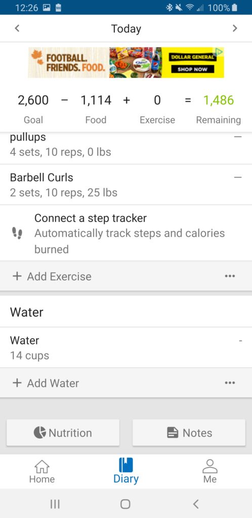 Image from MyFitnessPal app showing the workout tracking section