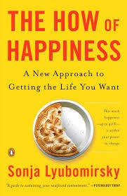 book cover with yellow background and a pie that is 3/4 gone, book titled "Happiness, A new approach to getting the live you want." 