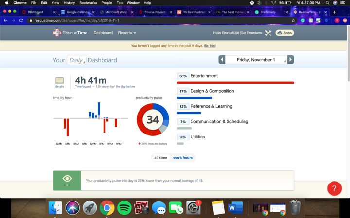 Image from Rescue Time website, showing a graph of time spent on various activities including: entertainment, design and composition, reference and learning, communication and scheduling, and utilities.