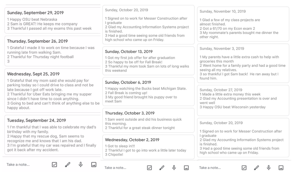 journal entries on google keep app, dating from September 29 through October 20, 2019.