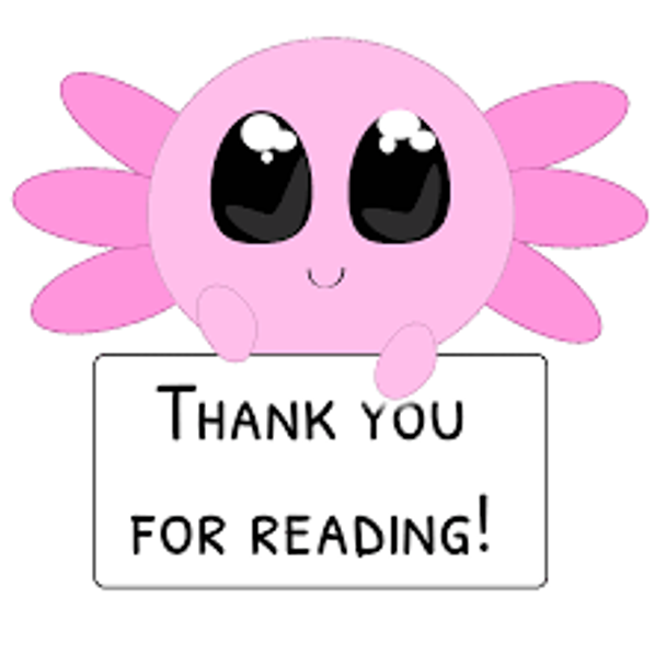 Image of a pink cartoon character with big eyes holding a sign that says "Thank you for reading!"