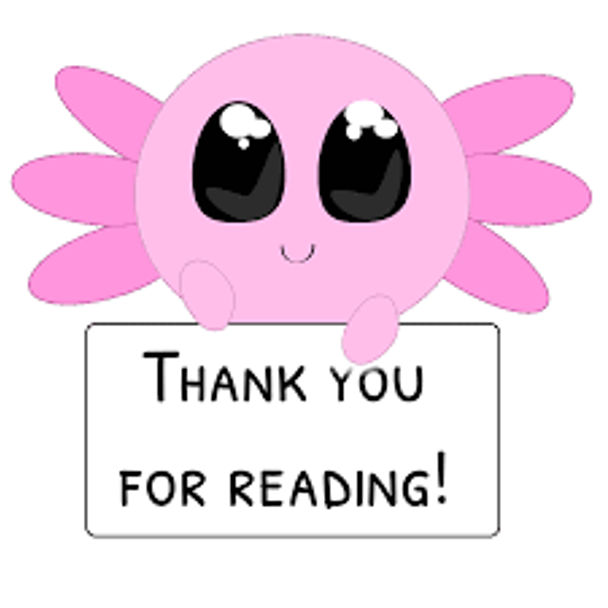 A pink cartoon character with big eyes holding a sign that says "Thank you for reading!"