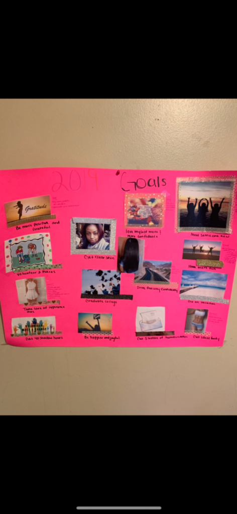 Image of wall with a pink poster board that has a title of "Goals". The poster board is covered with various photos with captions underneath. 